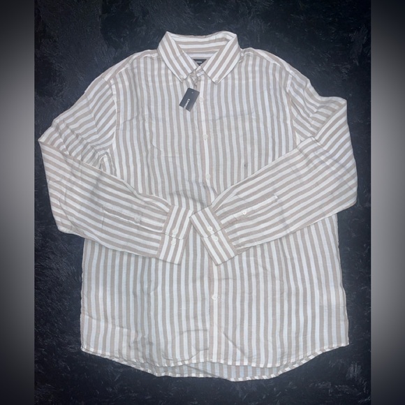 Express Other - Express Button Down Linen Blend Long Sleeve Shirt L Men Tan White Striped NWT